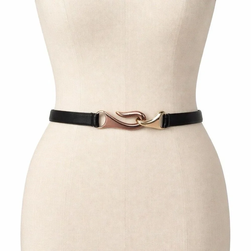 Chicos Black Leather Belt Two Tone Hook Closure Size S/M Classic India